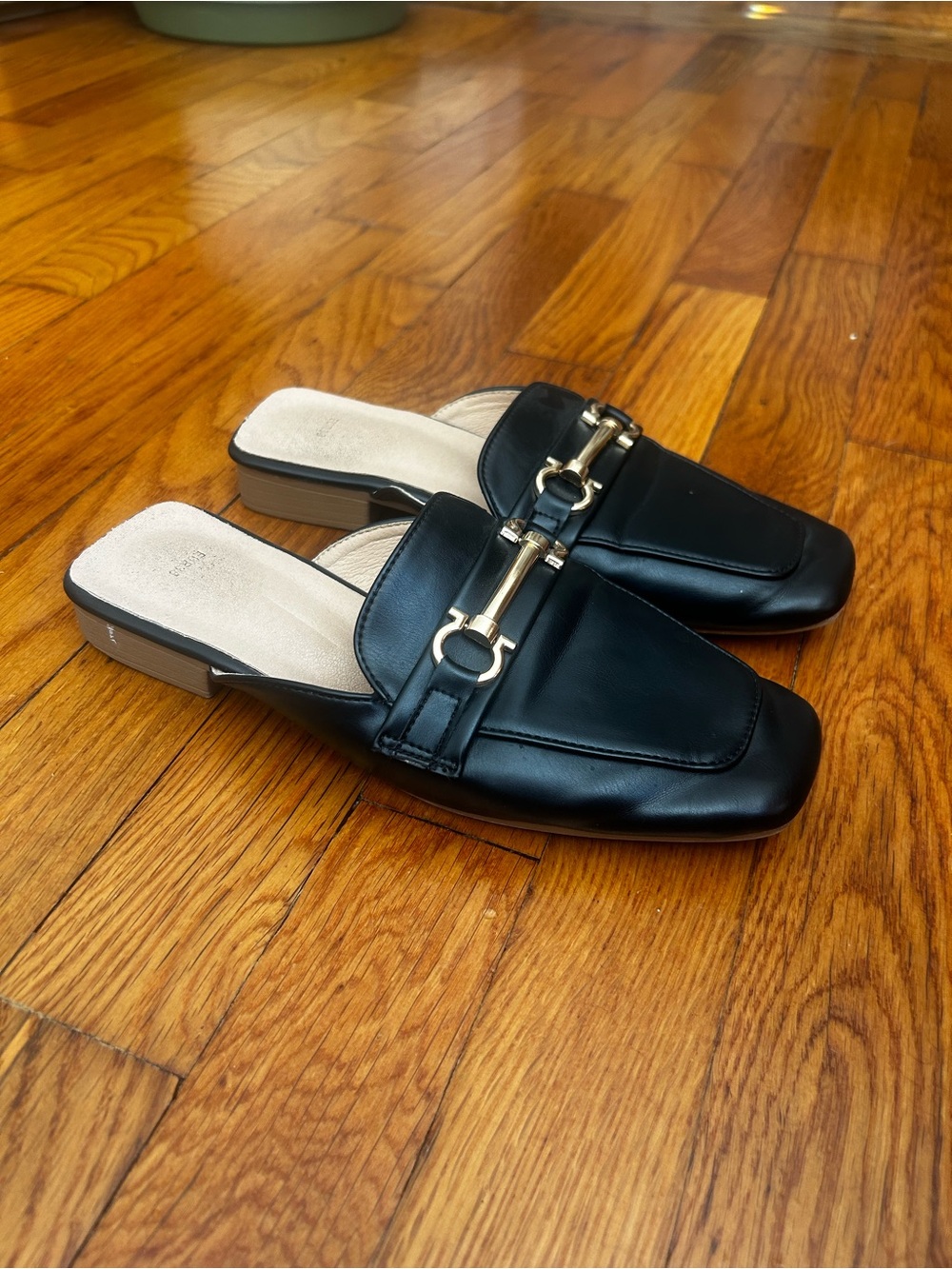 Black Leather Slip-On Mule with Gold Bit Accent